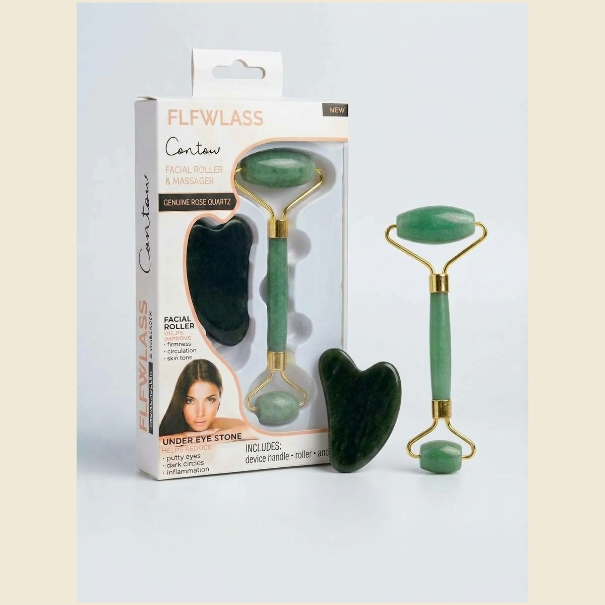 Set de Massage Facial Anti-Âge : Rouleau de Jade & Gua Sha - Femme - Kallos by Aphrodite
